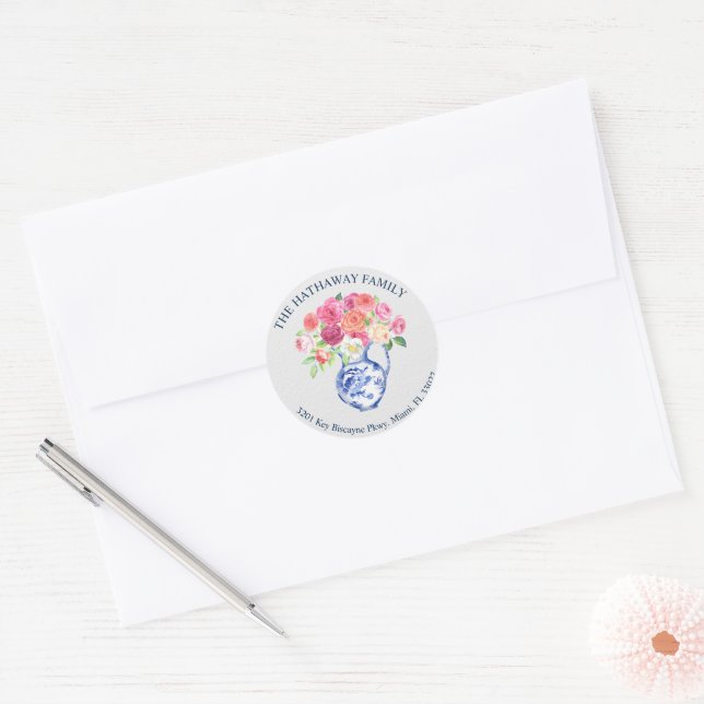 Sticker Rond Chinoiserie Blue Vase Floral Adresse de retour Lab (Enveloppe)