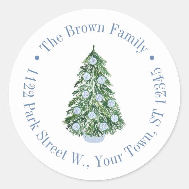Sticker Rond Chinoiserie Blue White Christmas Adresse de retour (Devant)