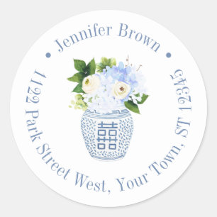 Sticker Rond Chinoiserie Chic Bleu Blanc Floral Adresse de Reto
