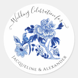 Sticker Rond Chinoiserie Floral Navy Blue White Bird Mariage
