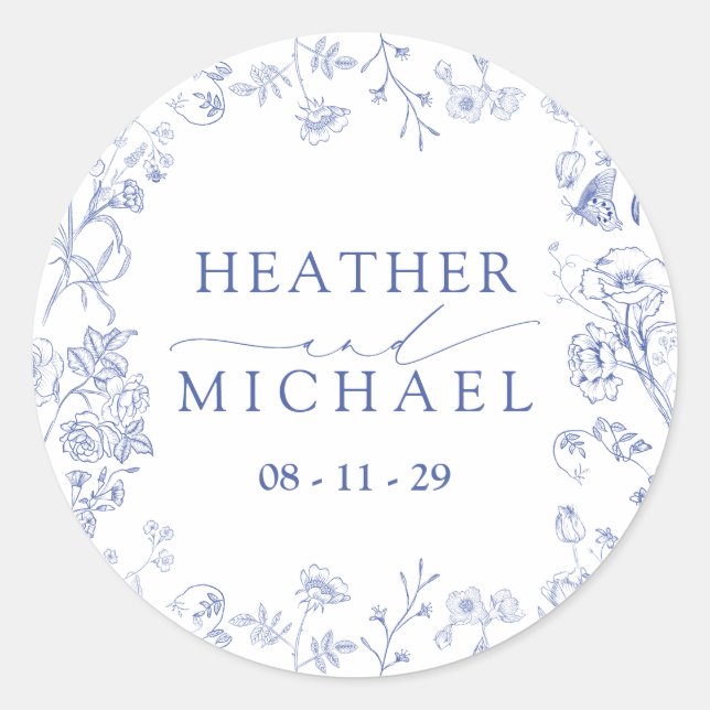 Sticker Rond Chinoiserie French Blue Victorian Floral Mariage (Devant)