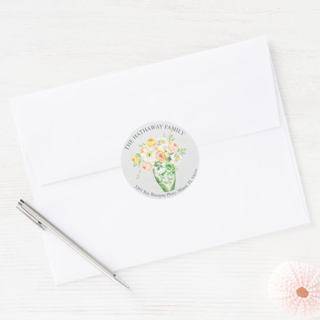 Sticker Rond Chinoiserie Green Vase Floral Adresse de retour La (Enveloppe)