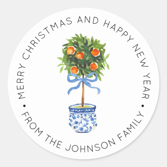 Sticker Rond Chinoiserie Poterie Orange Topiaire Bleu (Devant)