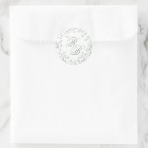 Sticker Rond Chinoiserie romantique Sage Green Initiales Mariag