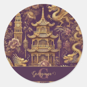 Sticker Rond Chinoiserie Victorienne Personalisée Purple & Gold