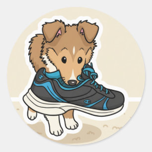 Sticker Rond Chiot avec chaussure