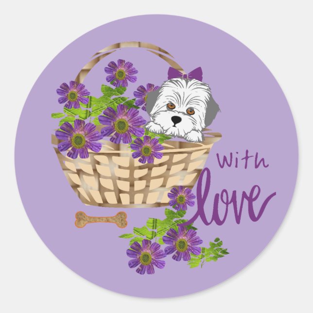Sticker Rond Chiot blanc avec amour (Devant)