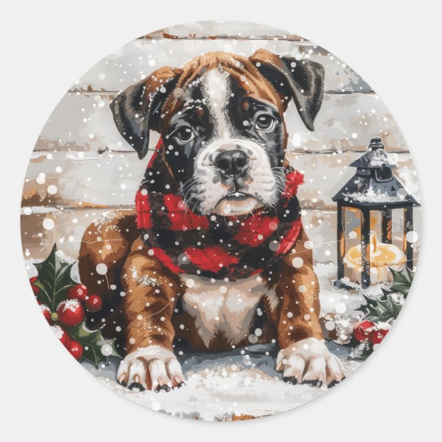 Sticker Rond Chiot boîte de Noël (Devant)