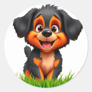 Sticker Rond Chiot de dessin animé adorable avec des yeux brill