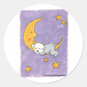 Sticker Rond Chiot dormant sur la lune