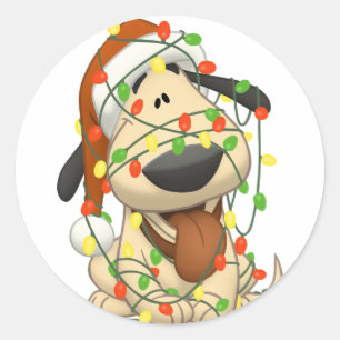 Sticker Rond Chiot drôle de lumières de Noël