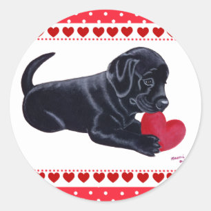 Sticker Rond Chiot et coeur noirs de Labrador