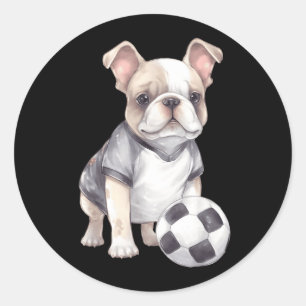 Sticker Rond Chiot joueur de football adorable Bouledogue Franç