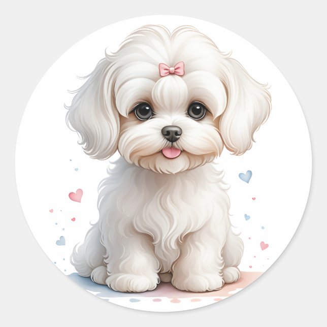 Sticker Rond Chiot maltais avec botte rose (Devant)