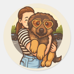 Sticker Rond Chiot Mignon avec des Lunettes de Soleil en Forme 