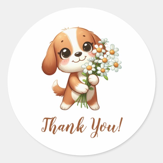 Sticker Rond Chiot mignon avec Merci de tournesol (Devant)