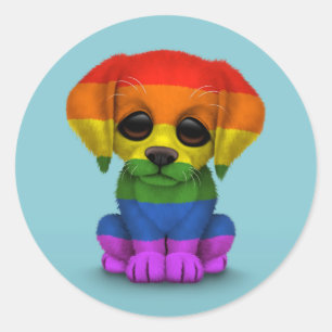 Sticker Rond Chiot mignon de gay pride d'arc-en-ciel, bleu