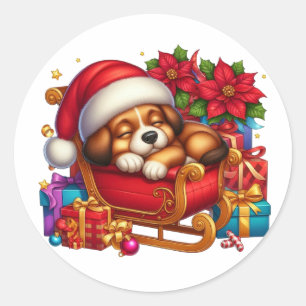 Sticker Rond Chiot mignon et traîneau
