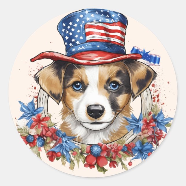 Sticker Rond Chiot patriotique 4 juillet fête de l'indépendance (Devant)