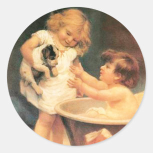 Sticker Rond Chiot Prenant Un Bain Vintage Antique