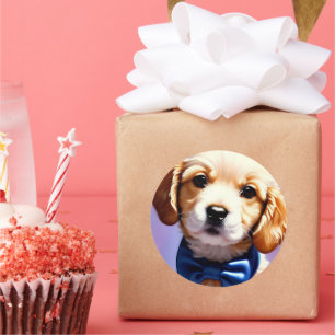 Sticker Rond Chiot souple adorable avec jolie Cravate de Bow bl