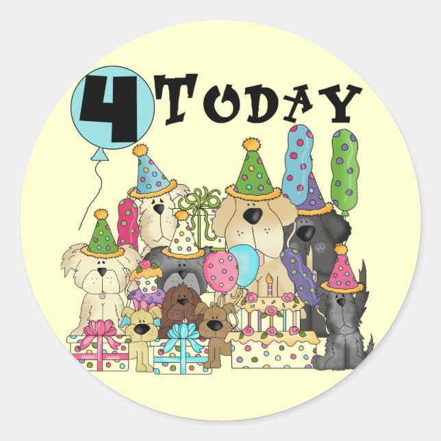 Sticker Rond Chiots 4e anniversaire Bash Tshirts et cadeaux (Devant)