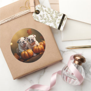 Sticker Rond Chiots Bouledogue Délice d'Automne Citrouille