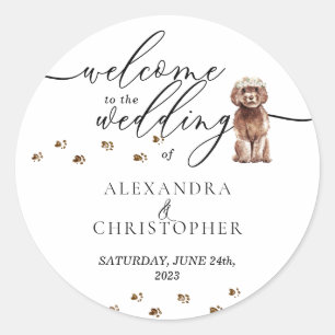 Sticker Rond Chiots Cavapoo marron Bienvenue Mariage Chien