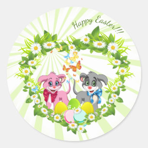 Sticker Rond Chiots de Pâques