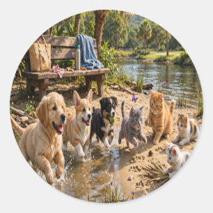 Sticker Rond Chiots mignons & Aventure ronde au bord de la rivi