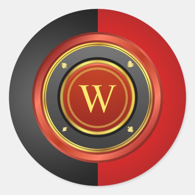 Sticker Rond Chip de poker noir et rouge avec monogramme person (Devant)