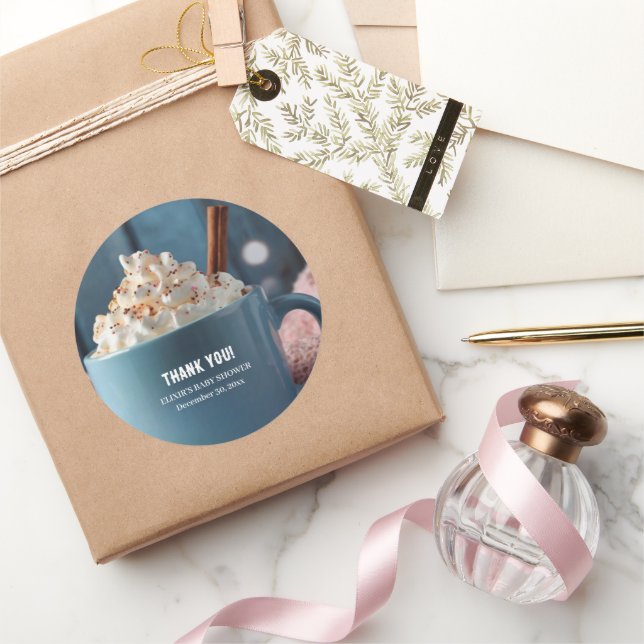 Sticker Rond Chocolat chaud avec crème humide Baby shower confo (Cadeaux)