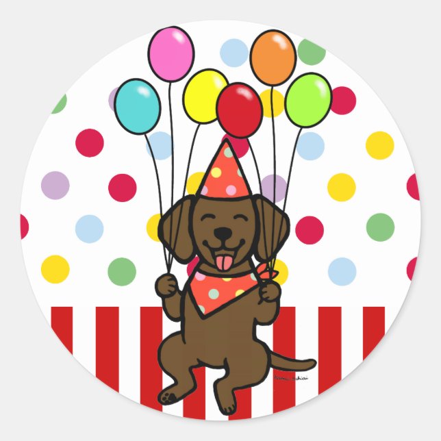 Sticker Rond Chocolat Lab Chiot Ballons d'anniversaire (Devant)