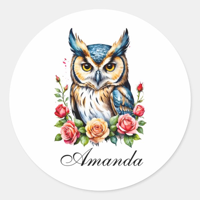 Sticker Rond Chouette aquarelle avec Fleurs Fille (Devant)