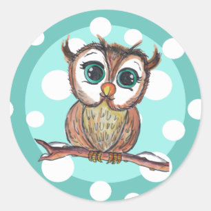 Sticker Rond Chouette Aquarelle mignonne avec Turquoise Pois