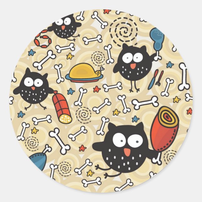 Sticker Rond Chouette avec Motif de viande (Devant)