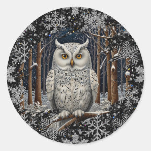 Sticker Rond Chouette blanche élégante de Noël, forêt hivernale