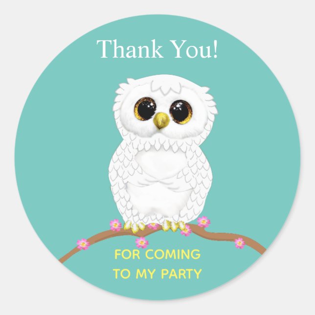 Sticker Rond Chouette blanche mignonne sur la lumière turquoise (Devant)