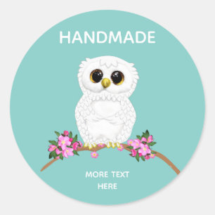 Sticker Rond Chouette blanche mignonne sur un fond sarcelle cla