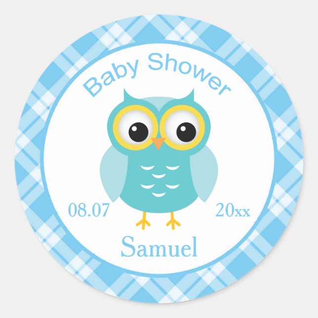 Sticker Rond Chouette bleue, à damiers Baby shower motif (Devant)