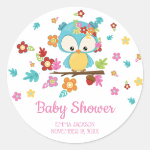 Sticker Rond Chouette boisée mignonne et fleurs Baby shower béb