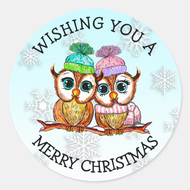 Sticker Rond Chouette Couple Joyeux Noël (Devant)
