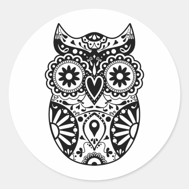 Sticker Rond Chouette crâne à sucre noir et blanc (Devant)