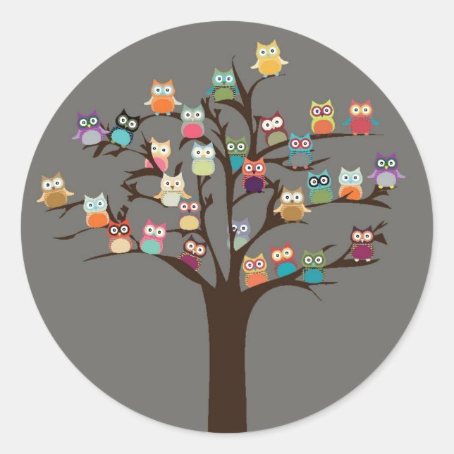 Sticker Rond Chouette Cute Sur L'Arbre | ARRIÈRE - PLAN (Devant)