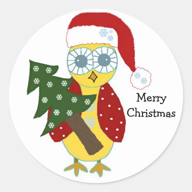 Sticker Rond Chouette dans un chapeau de Noël avec arbre de Noë (Devant)