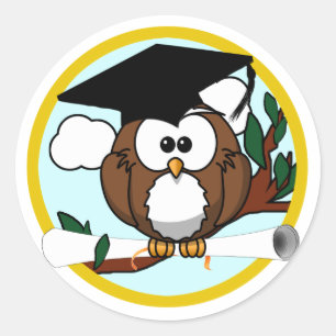 Sticker Rond Chouette de graduation en dessin mignonne avec Cas