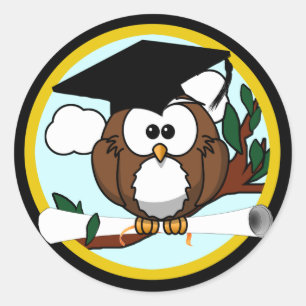Sticker Rond Chouette de graduation en dessin mignonne avec Cas