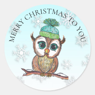 Sticker Rond Chouette de Noël assise sur les fêtes de Branche