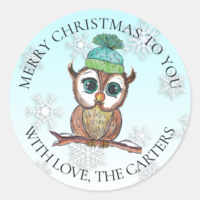 Sticker Rond Chouette de Noël assise sur les fêtes de Branche (Devant)