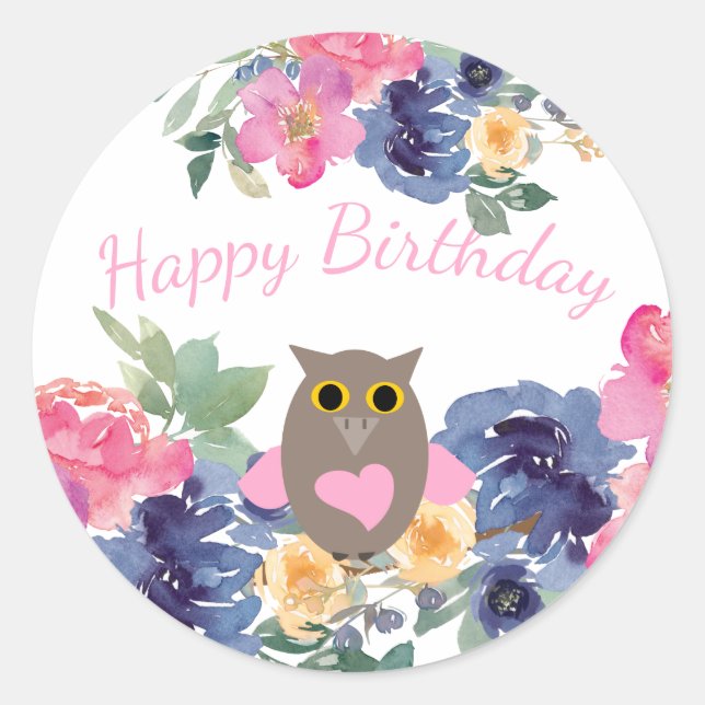 Sticker Rond Chouette du coeur rose Aquarelle florale Joyeux an (Devant)